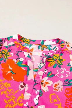 Clearance Dear-Lover Floral Printed Split V Neck Puff Sleeve Blouse Rose