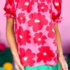 Hot Dear-Lover Floral Puff Sleeve Frill Neckline Blouse Rose