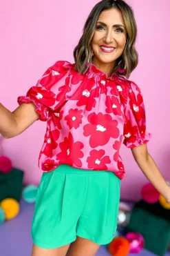Hot Dear-Lover Floral Puff Sleeve Frill Neckline Blouse Rose