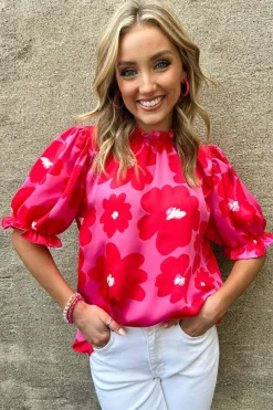 Hot Dear-Lover Floral Puff Sleeve Frill Neckline Blouse Rose