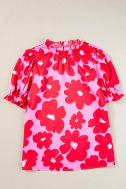Hot Dear-Lover Floral Puff Sleeve Frill Neckline Blouse Rose