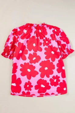 Hot Dear-Lover Floral Puff Sleeve Frill Neckline Blouse Rose