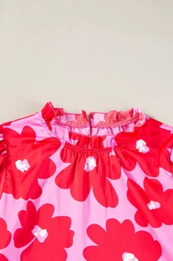 Hot Dear-Lover Floral Puff Sleeve Frill Neckline Blouse Rose