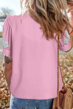 Online Dear-Lover Floral Ric Rac Edge Puff Sleeve Button Up Summer Shirt Rose