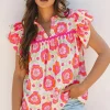 Online Dear-Lover Floral Ruffled Sleeve Ric-rac Trim Split Neck Loose Blouse Rose