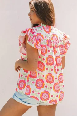 Online Dear-Lover Floral Ruffled Sleeve Ric-rac Trim Split Neck Loose Blouse Rose