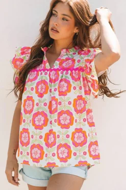 Online Dear-Lover Floral Ruffled Sleeve Ric-rac Trim Split Neck Loose Blouse Rose