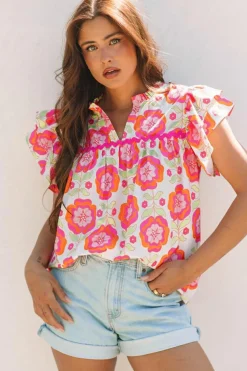 Online Dear-Lover Floral Ruffled Sleeve Ric-rac Trim Split Neck Loose Blouse Rose