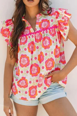 Online Dear-Lover Floral Ruffled Sleeve Ric-rac Trim Split Neck Loose Blouse Rose