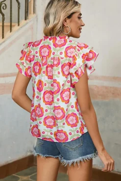 Online Dear-Lover Floral Ruffled Sleeve Ric-rac Trim Split Neck Loose Blouse Rose