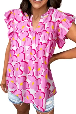 Hot Dear-Lover Floral Ruffled Sleeve Babydoll Blouse Rose