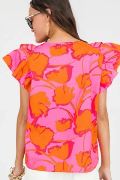Outlet Dear-Lover Floral Ruffled Trim Flutter Sleeve Summer Top Rose