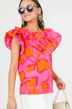 Outlet Dear-Lover Floral Ruffled Trim Flutter Sleeve Summer Top Rose