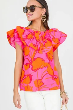Outlet Dear-Lover Floral Ruffled Trim Flutter Sleeve Summer Top Rose