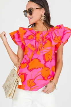 Outlet Dear-Lover Floral Ruffled Trim Flutter Sleeve Summer Top Rose