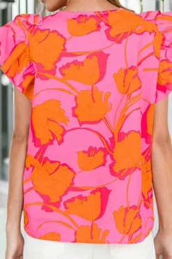 Outlet Dear-Lover Floral Ruffled Trim Flutter Sleeve Summer Top Rose