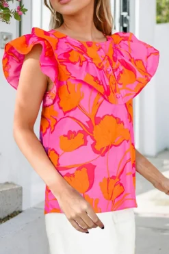 Outlet Dear-Lover Floral Ruffled Trim Flutter Sleeve Summer Top Rose
