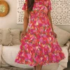 Best Dear-Lover Floral Short Sleeve Smocked Waist Maxi dress Rose