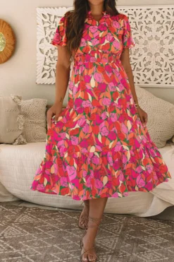 Best Dear-Lover Floral Short Sleeve Smocked Waist Maxi dress Rose