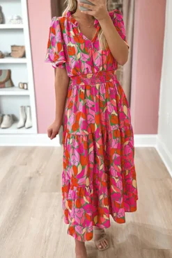 Best Dear-Lover Floral Short Sleeve Smocked Waist Maxi dress Rose