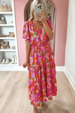 Best Dear-Lover Floral Short Sleeve Smocked Waist Maxi dress Rose
