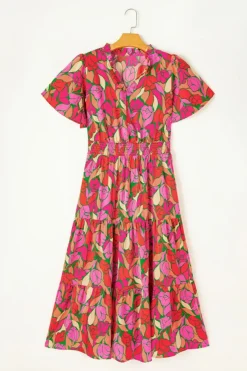 Best Dear-Lover Floral Short Sleeve Smocked Waist Maxi dress Rose