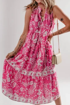 Sale Dear-Lover Floral Sleeveless Tasseled Lace-up Neck Tiered Midi Dress Rose