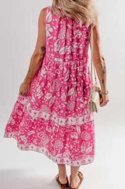 Sale Dear-Lover Floral Sleeveless Tasseled Lace-up Neck Tiered Midi Dress Rose