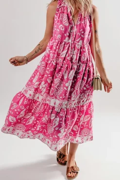 Sale Dear-Lover Floral Sleeveless Tasseled Lace-up Neck Tiered Midi Dress Rose