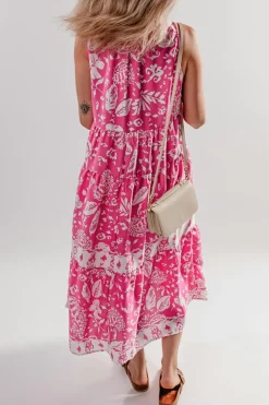Sale Dear-Lover Floral Sleeveless Tasseled Lace-up Neck Tiered Midi Dress Rose