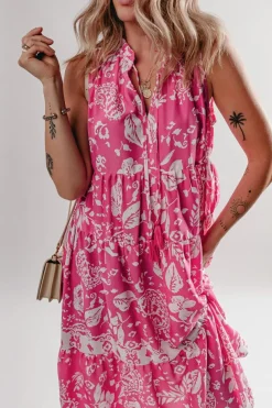 Sale Dear-Lover Floral Sleeveless Tasseled Lace-up Neck Tiered Midi Dress Rose