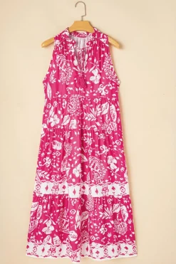 Sale Dear-Lover Floral Sleeveless Tasseled Lace-up Neck Tiered Midi Dress Rose