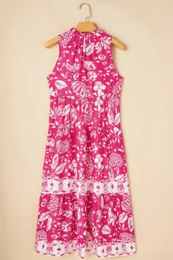 Sale Dear-Lover Floral Sleeveless Tasseled Lace-up Neck Tiered Midi Dress Rose