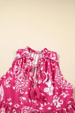 Sale Dear-Lover Floral Sleeveless Tasseled Lace-up Neck Tiered Midi Dress Rose