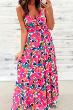 New Dear-Lover Floral Twisted Smocked Back Tiered Maxi Dress Rose
