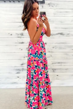 New Dear-Lover Floral Twisted Smocked Back Tiered Maxi Dress Rose