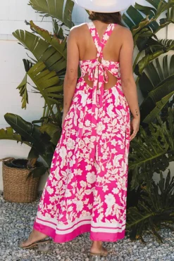 Clearance Dear-Lover Floral V Neck Crisscross Backless Maxi Dress Rose