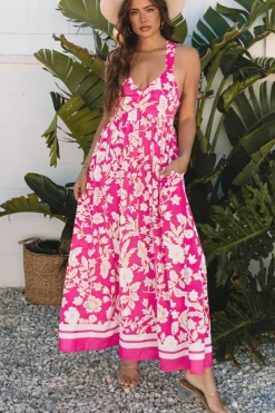 Clearance Dear-Lover Floral V Neck Crisscross Backless Maxi Dress Rose