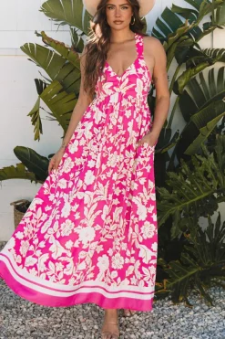 Clearance Dear-Lover Floral V Neck Crisscross Backless Maxi Dress Rose
