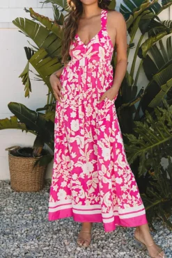 Clearance Dear-Lover Floral V Neck Crisscross Backless Maxi Dress Rose