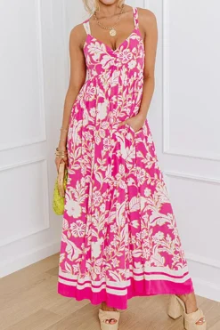 Clearance Dear-Lover Floral V Neck Crisscross Backless Maxi Dress Rose