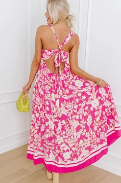 Clearance Dear-Lover Floral V Neck Crisscross Backless Maxi Dress Rose