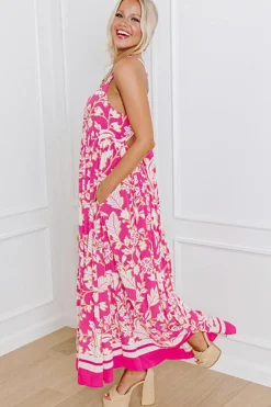 Clearance Dear-Lover Floral V Neck Crisscross Backless Maxi Dress Rose