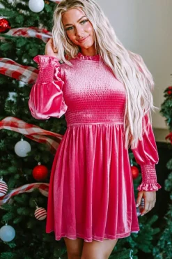 Best Dear-Lover Rose Frilled Neck Smocked Bodice Velvet Dress Rose Red