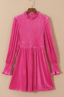 Best Dear-Lover Rose Frilled Neck Smocked Bodice Velvet Dress Rose Red