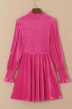Best Dear-Lover Rose Frilled Neck Smocked Bodice Velvet Dress Rose Red