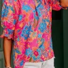 Best Dear-Lover Frilly Mock Neck Short Puff Sleeve Floral Blouse Rose