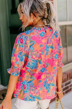 Best Dear-Lover Frilly Mock Neck Short Puff Sleeve Floral Blouse Rose