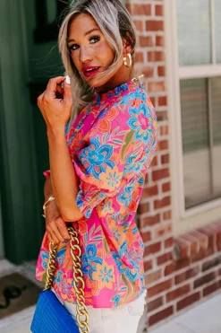 Best Dear-Lover Frilly Mock Neck Short Puff Sleeve Floral Blouse Rose