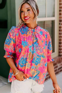 Best Dear-Lover Frilly Mock Neck Short Puff Sleeve Floral Blouse Rose